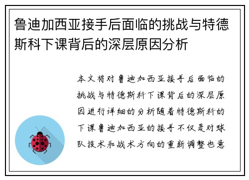 鲁迪加西亚接手后面临的挑战与特德斯科下课背后的深层原因分析