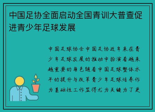 中国足协全面启动全国青训大普查促进青少年足球发展